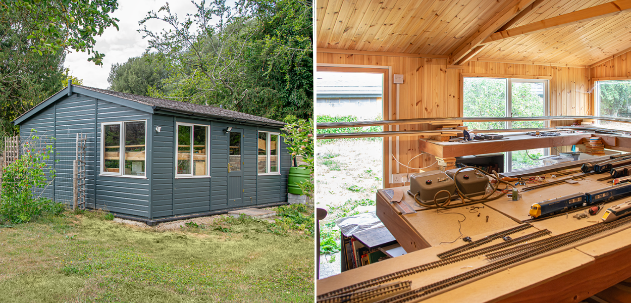 Large garden studio to house an extensive model rail collection. Exterior and interior view.