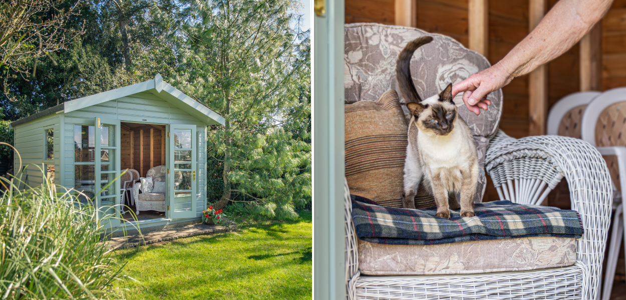 Exterior view of the chaelt style summerhouse on the left, with the doors open and bright green trees in the background. The right photo is of the customer stroking her cat that is on a chair inside the summerhouse.