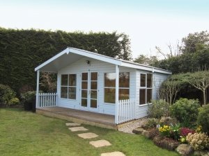 4.8 x 4.8m Morston Summerhouse painted in Exterior Saltwater with grey slate effect tiles on the roof