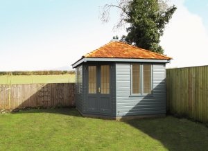 Weybourne Summerhouse with Exterior Paint System Paint in Slate with Shiplap Cladding and Leaded Windows