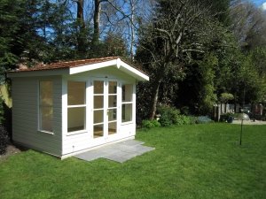 3.0 x 2.4m Blakeney Summerhouse painted in Exterior Cream with Shiplap Cladding and Cedar Shingle Roof Tiles