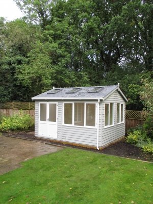 3.6 x 4.2m Langham Studio painted in Exterior Pebble & Ivory with Velux Windows and Weatherboard Cladding