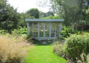 3.6 x 3.6m Salthouse Studio with Central Double Doors painted in Exterior Ash, with two fanlight windows