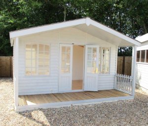 4.2 x 4.2m Morston Summerhouse at our Cranleigh show site with shaded Veranda