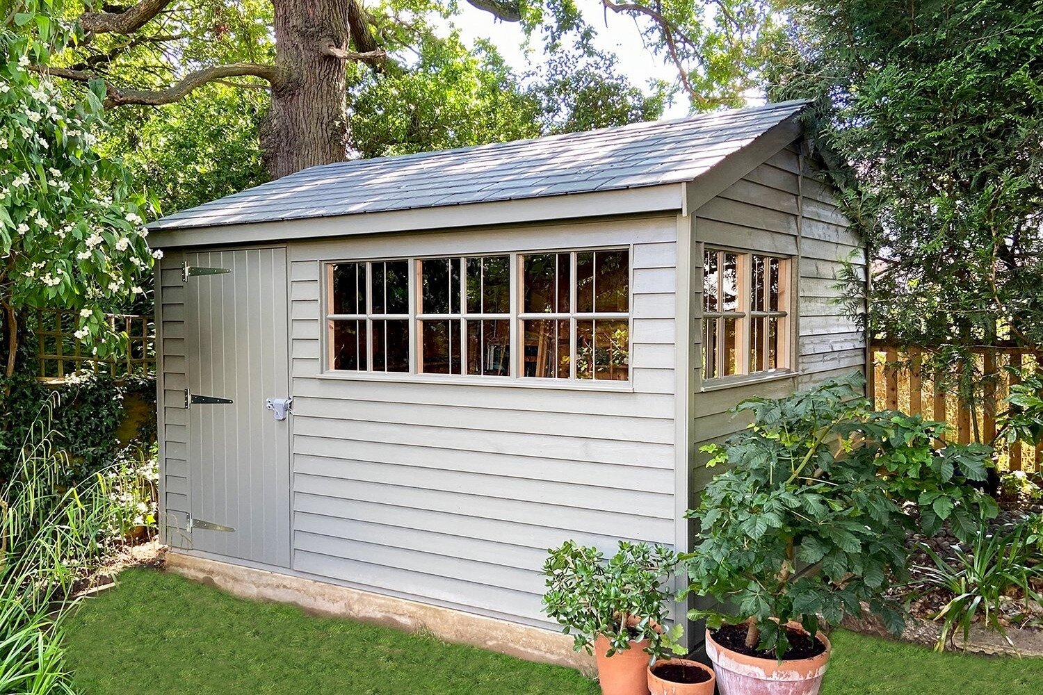 3.0 x 3.6m Superior Shed with Georgian windows painted in Exterior Ash
