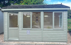 Ex Display 3.6 x 4.2m Nottingham Langham Studio Painted in Ash with Cedar Shingles