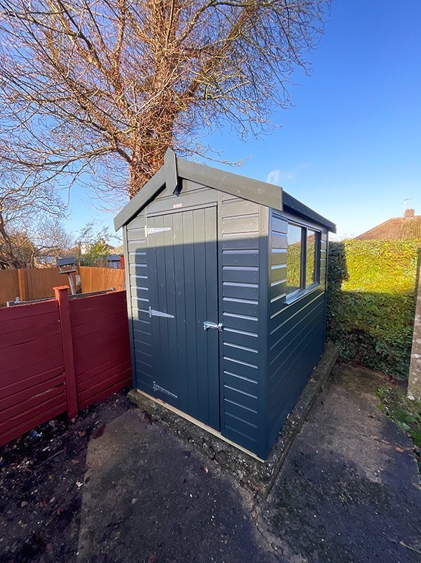 1.5 x 2.1m Classic Shed painted in Coal with Apex Roof