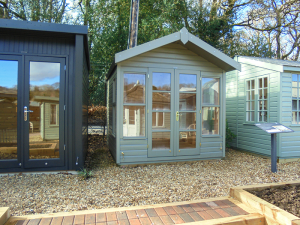 2.4 x 2.4m Blakeney Summerhouse at Newbury Painted in Ash with a Roof Overhang