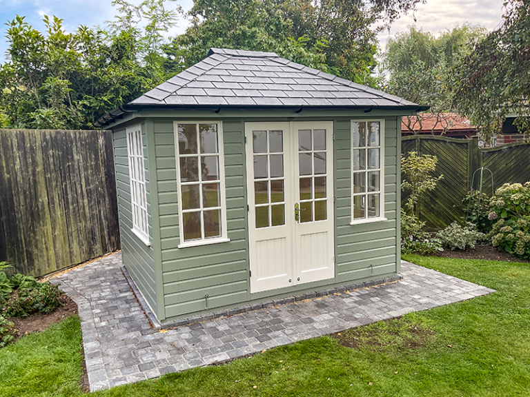 2.4 x 3.0m Cley Summerhouse Painted in Lizard with Slate Effect Tiles