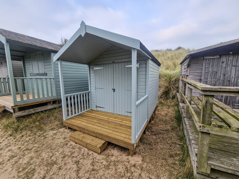 2.4 x 3.6m Beach Hut painted in Verdigris with Apex Roof