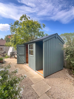 1.8 x 3.0m Blickling National Trust Shed painted in Terrace Green with Apex Roof