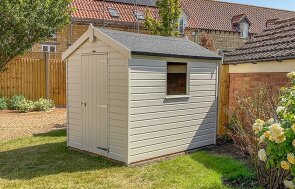 1.8 x 2.4m Classic Shed painted in Cotton with Apex Roof