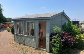 3.6 x 4.2m Langham Studio painted in Sage with Apex Roof at Brighton
