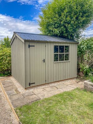 2.4 x 3.0m Felbrigg National Trust Shed painted in Wades Lantern with Apex Roof