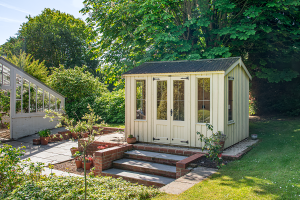 2.4 x 3.0m Lavenham National Trust Summerhouse painted in Dome Ochre with Apex Roof
