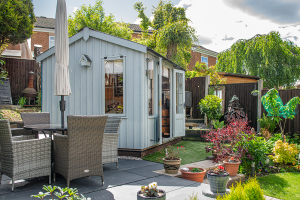 2.4 x 3.0m Lavenham National Trust Summerhouse painted in Painters Grey with Apex Roof